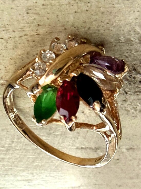 CJC Jewelry - Vintage CJC14K Gold Multi-Gemstone Cocktail Mothers Ring Diamond Accents Size 8